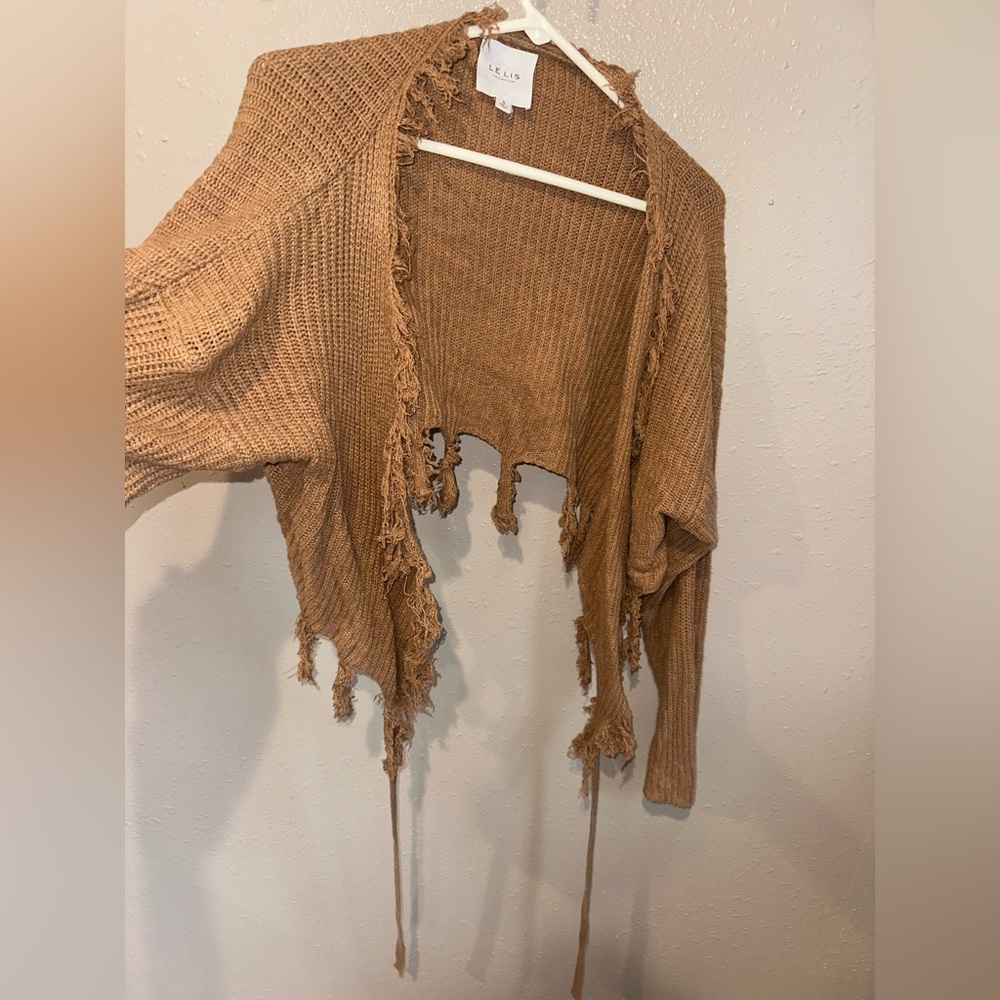 Frayed Open-Front Women's Knit Cardigan in Tan
